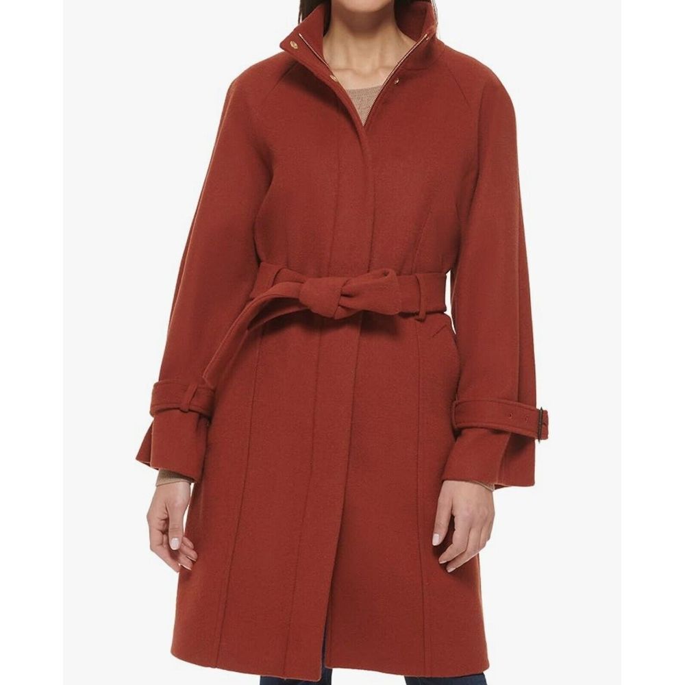 COLE HAAN Raglan Melton WOMEN'S Size 2 Orange WOOL BLEND Zip Up COAT Belted NWD